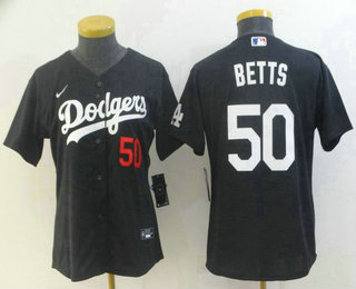 Women's Los Angeles Dodgers #50 Mookie Betts Black With Red Number Stitched MLB Cool Base Nike Jersey