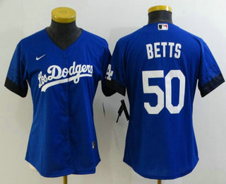 Women's Los Angeles Dodgers #50 Mookie Betts Blue 2021 City Connect Cool Base Stitched Jersey