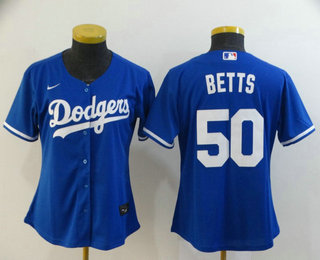 Women's Los Angeles Dodgers #50 Mookie Betts Blue Stitched MLB Cool Base Nike Jersey