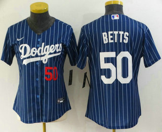 Women's Los Angeles Dodgers #50 Mookie Betts Navy Blue Pinstripe Stitched MLB Cool Base Nike Jersey