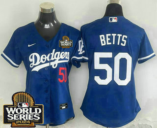 Women's Los Angeles Dodgers #50 Mookie Betts Number Blue 2024 World Series Limited Stitched Jersey