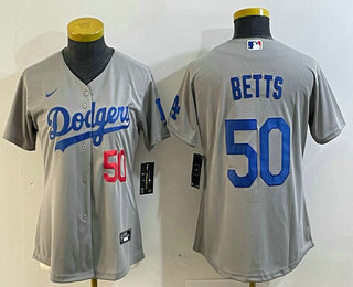 Women's Los Angeles Dodgers #50 Mookie Betts Number Grey Cool Base Stitched Nike Jersey