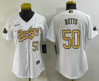 Women's Los Angeles Dodgers #50 Mookie Betts Number White 2022 All Star Stitched Cool Base Nike Jersey