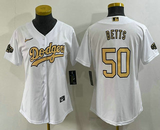 Women's Los Angeles Dodgers #50 Mookie Betts White 2022 All Star Stitched Cool Base Nike Jersey