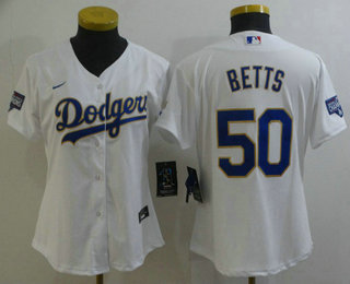 Women's Los Angeles Dodgers #50 Mookie Betts White Gold Championship Stitched MLB Cool Base Nike Jersey