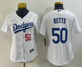 Women's Los Angeles Dodgers #50 Mookie Betts White With Red Stitched MLB Cool Base Nike Jersey