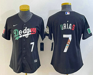 Women's Los Angeles Dodgers #7 Julio Urias Black Mexico Number 2020 World Series Cool Base Nike Jersey 005