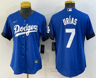 Women's Los Angeles Dodgers #7 Julio Urias Blue 2021 City Connect Cool Base Stitched Jersey 01