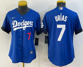 Women's Los Angeles Dodgers #7 Julio Urias Blue 2021 City Connect Number Cool Base Stitched Jersey 01