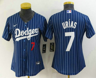 Women's Los Angeles Dodgers #7 Julio Urias Navy Blue Pinstripe Stitched MLB Cool Base Nike Jersey