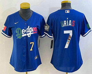 Women's Los Angeles Dodgers #7 Julio Urias Number Blue 2020 World Series Cool Base Nike Jersey 002