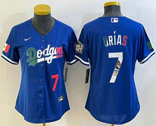 Women's Los Angeles Dodgers #7 Julio Urias Number Blue 2020 World Series Cool Base Nike Jersey 003