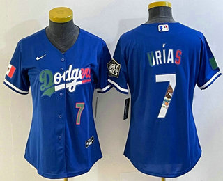 Women's Los Angeles Dodgers #7 Julio Urias Number Blue 2020 World Series Cool Base Nike Jersey 004