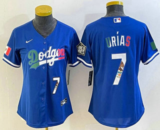 Women's Los Angeles Dodgers #7 Julio Urias Number Blue 2020 World Series Cool Base Nike Jersey 005