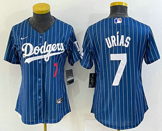 Women's Los Angeles Dodgers #7 Julio Urias Number Navy Blue Pinstripe Stitched MLB Cool Base Nike Jersey