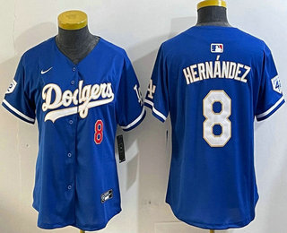 Women's Los Angeles Dodgers #8 Kike Hernandez Blue 2024 Jackie Robinson Patch Stitched Jersey