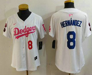 Women's Los Angeles Dodgers #8 Kike Hernandez Number White Pink With Patch Limited Stitched Jersey