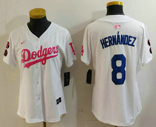 Women's Los Angeles Dodgers #8 Kike Hernandez White Pink With Patch Limited Stitched Jersey