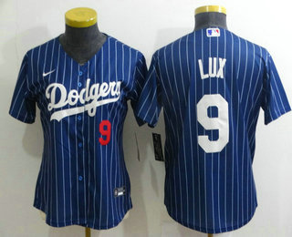 Women's Los Angeles Dodgers #9 Gavin Lux Navy Blue Pinstripe Stitched MLB Cool Base Nike Jersey