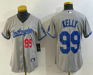 Women's Los Angeles Dodgers #99 Joe Kelly Number Grey With Los Stitched Cool Base Nike Jersey 01