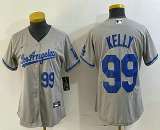 Women's Los Angeles Dodgers #99 Joe Kelly Number Grey With Los Stitched Cool Base Nike Jersey 02