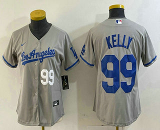 Women's Los Angeles Dodgers #99 Joe Kelly Number Grey With Los Stitched Cool Base Nike Jersey 03