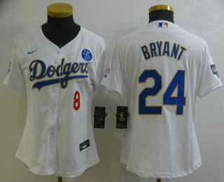 Women's Los Angeles Dodgers Front #8 Back #24 Kobe Bryant With KB Patch White Gold Championship Stitched MLB Cool Base Nike Jersey