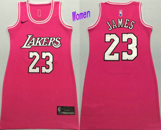 Women's Los Angeles Lakers #23 LeBron James Pink Nike Swingman Stitched Dress Jersey