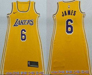 Women's Los Angeles Lakers #6 LeBron James Yellow Stitched Swingman Throwback Jersey Dress