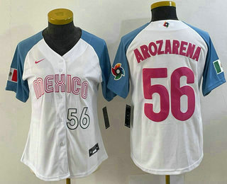 Women's Mexico Baseball #56 Randy Arozarena Number 2023 White Blue World Classic Stitched Jersey 206