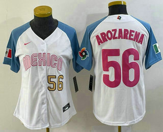 Women's Mexico Baseball #56 Randy Arozarena Number 2023 White Blue World Classic Stitched Jersey 209