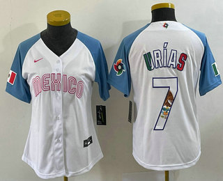 Women's Mexico Baseball #7 Julio Urias 2023 White Blue World Classic Stitched Jersey 11