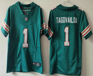 Women's Miami Dolphins #1 Tua Tagovailoa Aqua 2024 FUSE Vapor Limited Throwback Stitched Jersey