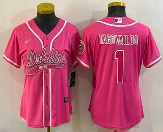 Women's Miami Dolphins #1 Tua Tagovailoa Pink With Patch Cool Base Stitched Baseball Jersey