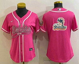 Women's Miami Dolphins Pink Team Big Logo With Patch Cool Base Stitched Baseball Jersey