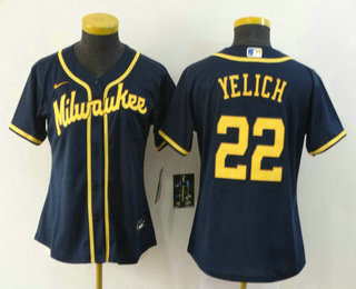Women's Milwaukee Brewers #22 Christian Yelich Navy Blue Stitched MLB Cool Base Nike Jersey