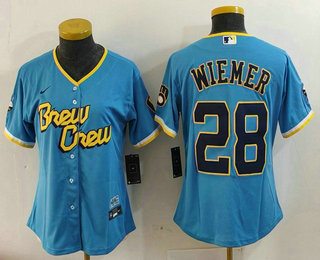 Women's Milwaukee Brewers #28 Joey Wiemer Blue 2022 City Connect Cool Base Stitched Jersey