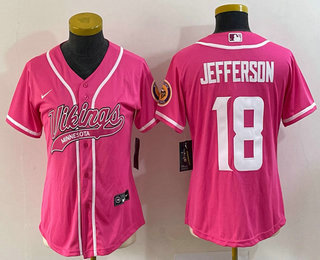 Women's Minnesota Vikings #18 Justin Jefferson Pink With Patch Cool Base Stitched Baseball Jersey