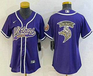Women's Minnesota Vikings Purple Team Big Logo With Patch Cool Base Stitched Baseball Jersey