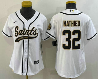 Women's New Orleans Saints #32 Tyrann Mathieu White With Patch Cool Base Stitched Baseball Jersey