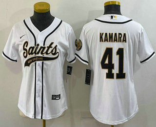 Women's New Orleans Saints #41 Alvin Kamara White With Patch Cool Base Stitched Baseball Jersey