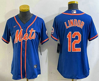 Women's New York Mets #12 Francisco Lindor Blue With Patch Stitched Cool Base Nike Jersey