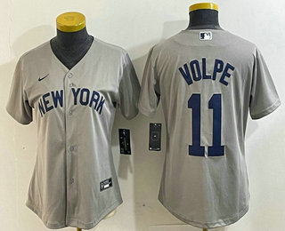 Women's New York Yankees #11 Anthony Volpe Name 2021 Grey Field of Dreams Cool Base Stitched Jersey