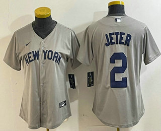 Women's New York Yankees #2 Derek Jeter Name 2021 Grey Field of Dreams Cool Base Stitched Jersey