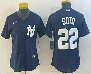 Women's New York Yankees #22 Juan Soto Name Navy Blue Cool Base Stitched Baseball Jersey