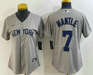 Women's New York Yankees #7 Mickey Mantle Name 2021 Grey Field of Dreams Cool Base Stitched Jersey