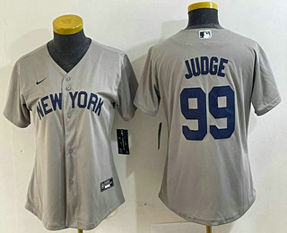 Women's New York Yankees #99 Aaron Judge Name 2021 Grey Field of Dreams Cool Base Stitched Jersey
