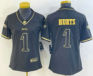 Women's Philadelphia Eagles #1 Jalen Hurts Black Golden Edition Stitched Limited Jersey