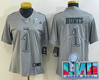 Women's Philadelphia Eagles #1 Jalen Hurts Gray Super Bowl LVII Patch Atmosphere Fashion Stitched Jersey