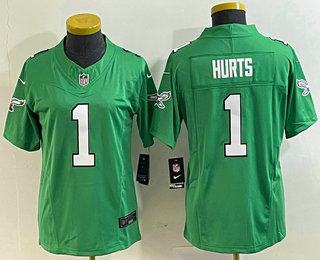 Women's Philadelphia Eagles #1 Jalen Hurts Green 2023 FUSE Vapor Limited Throwback Stitched Jersey